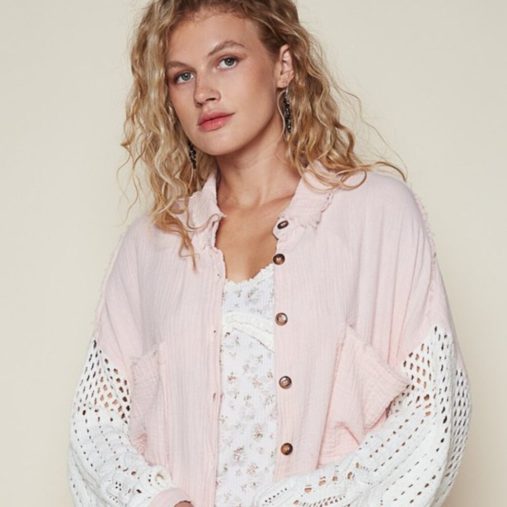 POL Openwork Lantern Sleeve Button Down Gauze Shirt